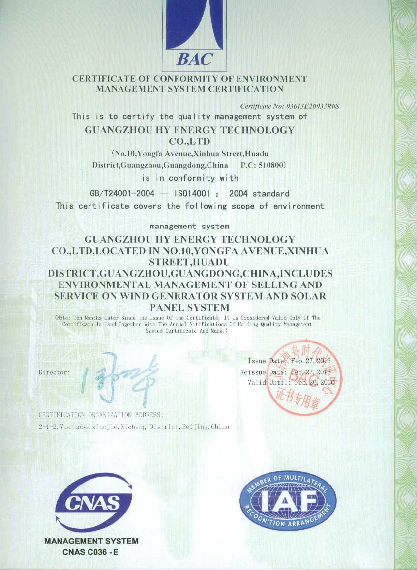 ISO-14001 - Certificate of Conformity of Enviroment Management System Certification